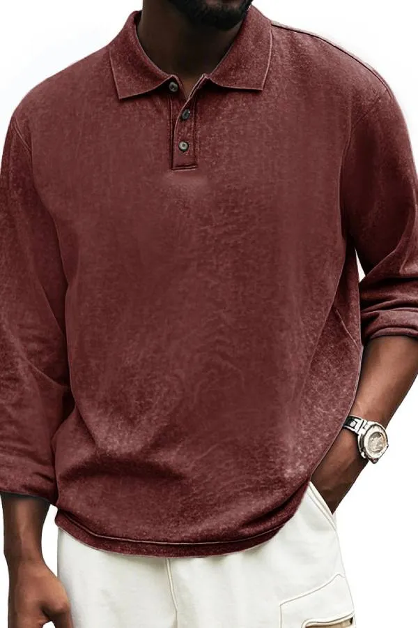 Men's Fashion Vintage Distressed Lapel Long Sleeve Polo Shirt