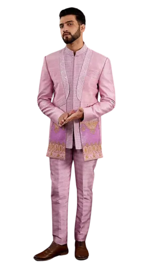 Men's Pinkish Raw Silk Beaded Sherwani
