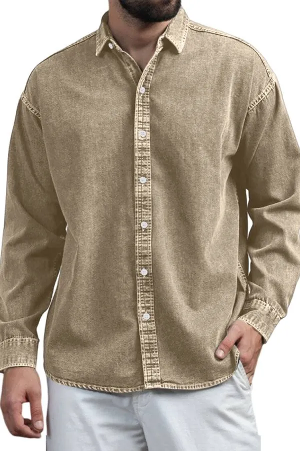 Men's Retro Casual Solid Color Lapel Long Sleeve Shirt