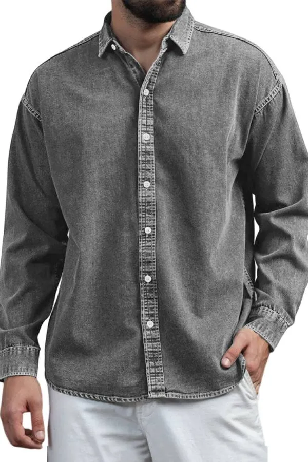 Men's Retro Casual Solid Color Lapel Long Sleeve Shirt