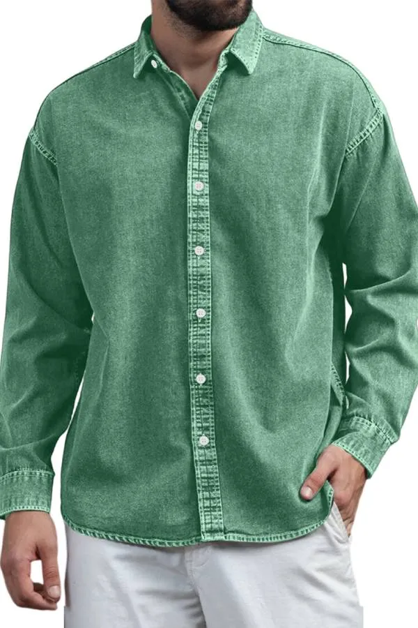 Men's Retro Casual Solid Color Lapel Long Sleeve Shirt
