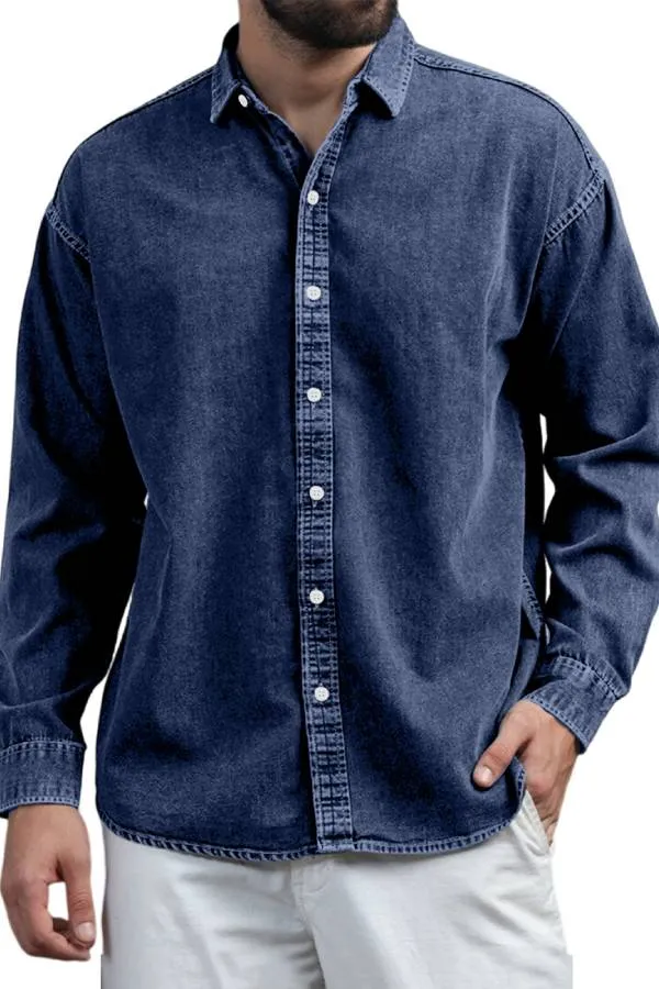 Men's Retro Casual Solid Color Lapel Long Sleeve Shirt