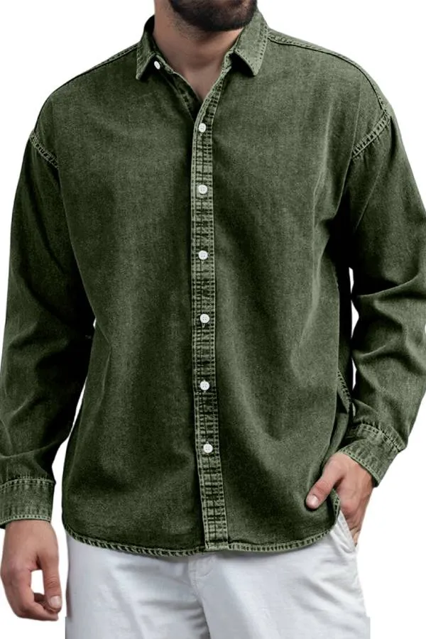 Men's Retro Casual Solid Color Lapel Long Sleeve Shirt