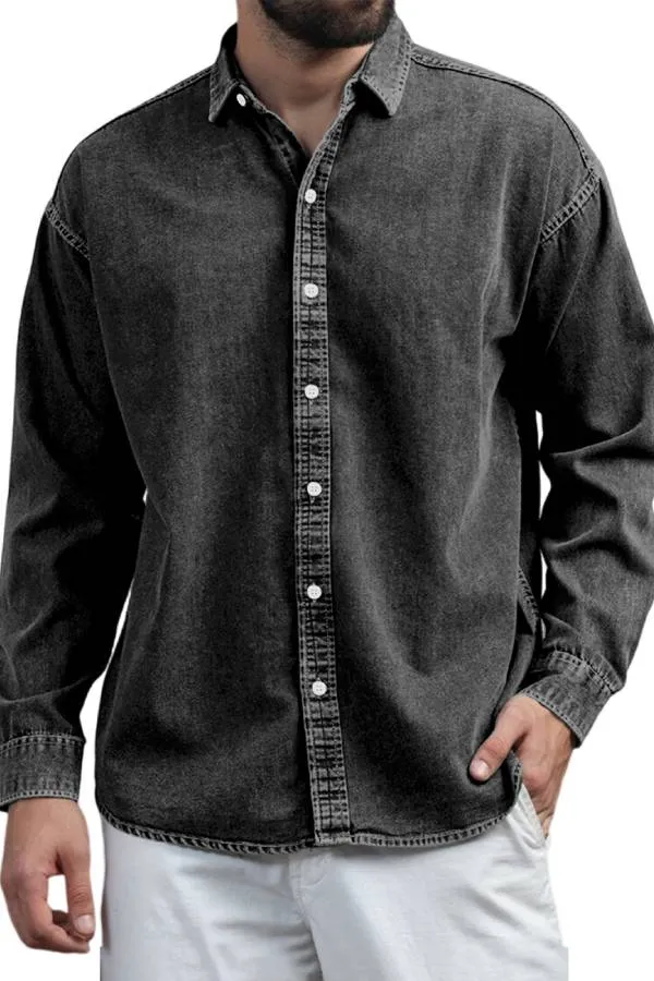 Men's Retro Casual Solid Color Lapel Long Sleeve Shirt