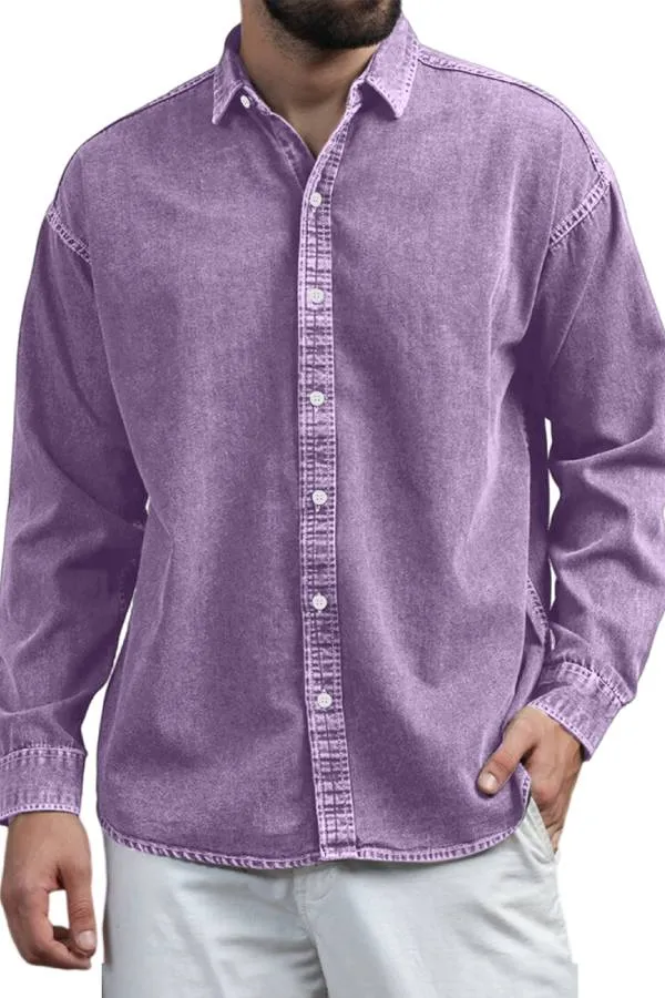 Men's Retro Casual Solid Color Lapel Long Sleeve Shirt