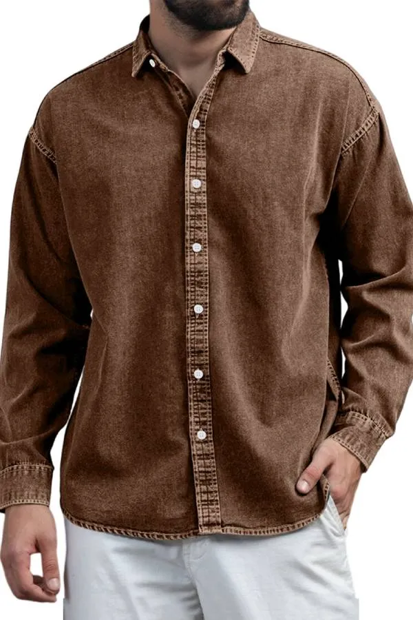 Men's Retro Casual Solid Color Lapel Long Sleeve Shirt