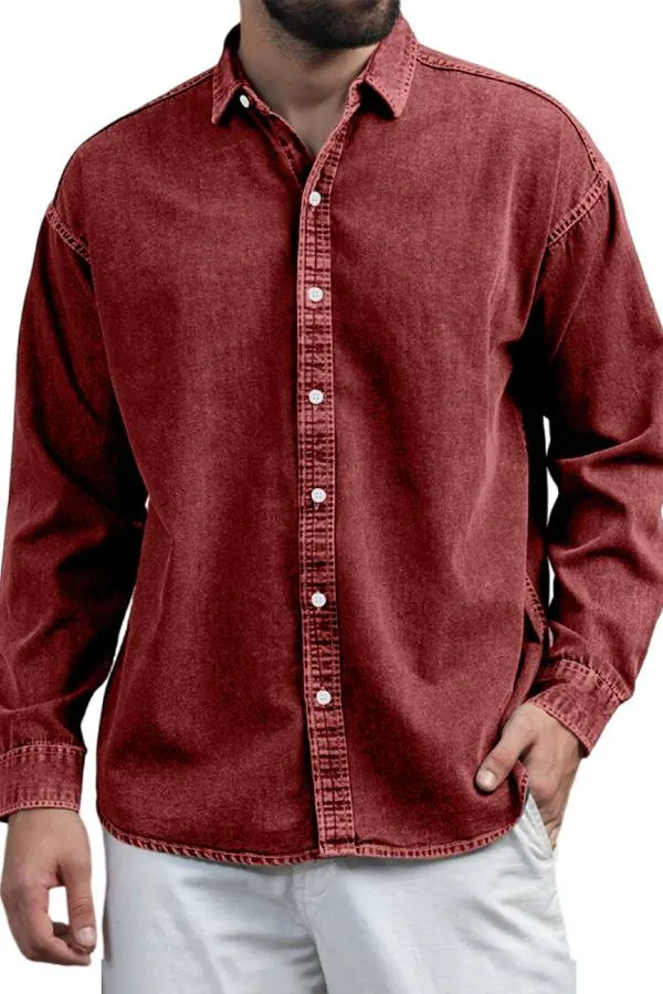 Men's Retro Casual Solid Color Lapel Long Sleeve Shirt