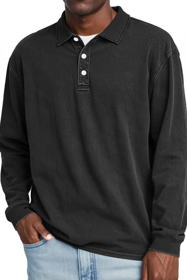 Men's Retro Lapel Button Solid Color Long Sleeve POLO Shirt