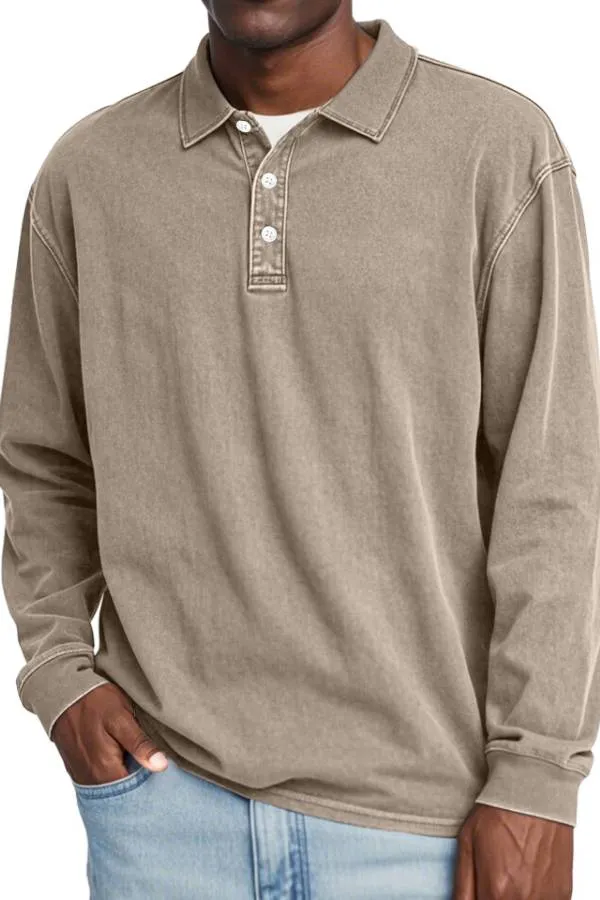 Men's Retro Lapel Button Solid Color Long Sleeve POLO Shirt