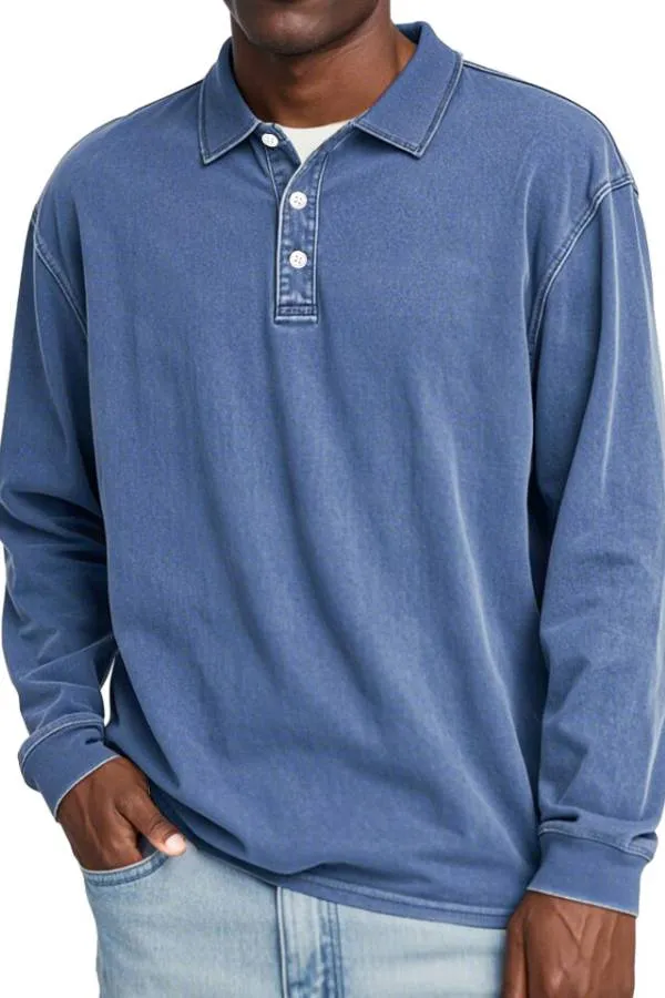 Men's Retro Lapel Button Solid Color Long Sleeve POLO Shirt