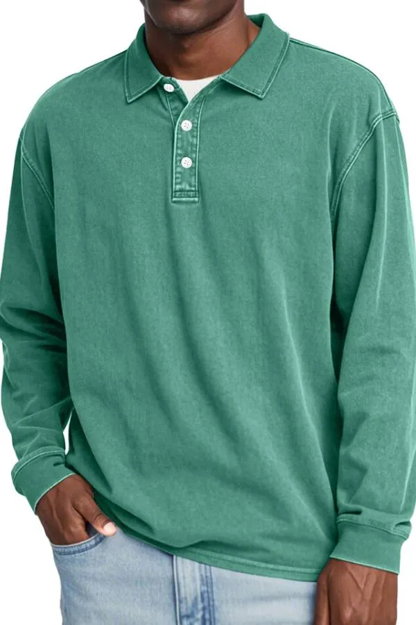 Men's Retro Lapel Button Solid Color Long Sleeve POLO Shirt