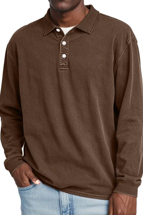 Men's Retro Lapel Button Solid Color Long Sleeve POLO Shirt