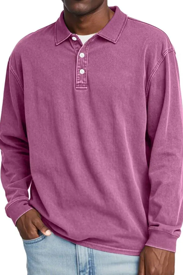 Men's Retro Lapel Button Solid Color Long Sleeve POLO Shirt