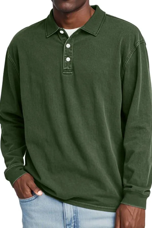 Men's Retro Lapel Button Solid Color Long Sleeve POLO Shirt