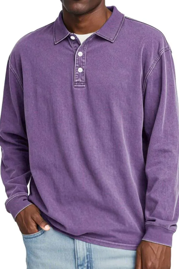 Men's Retro Lapel Button Solid Color Long Sleeve POLO Shirt