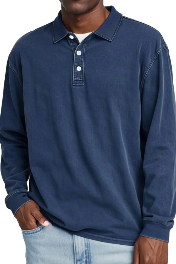 Men's Retro Lapel Button Solid Color Long Sleeve POLO Shirt