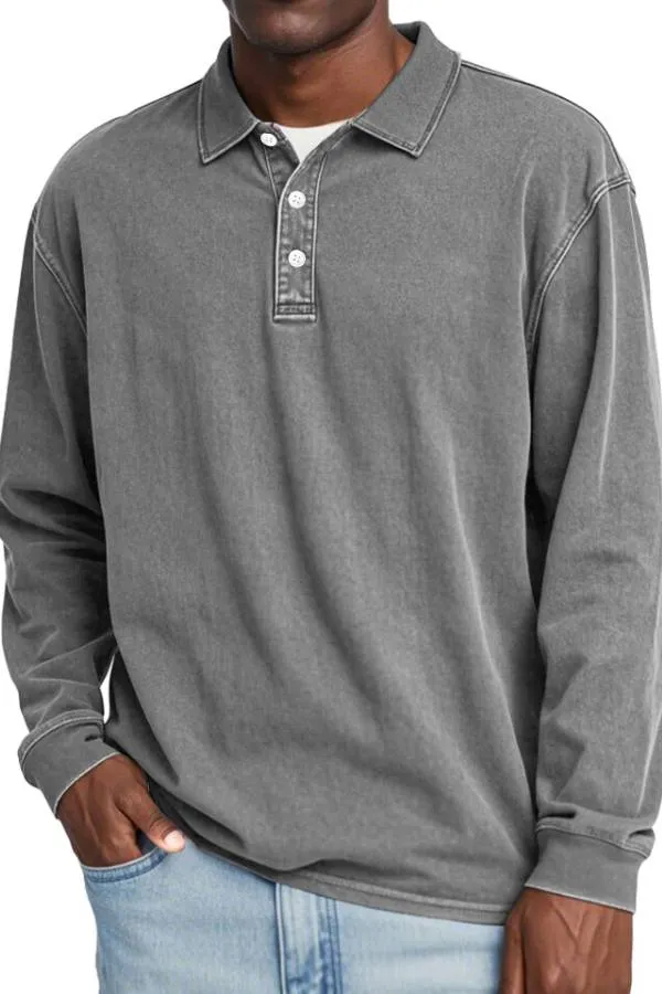 Men's Retro Lapel Button Solid Color Long Sleeve POLO Shirt