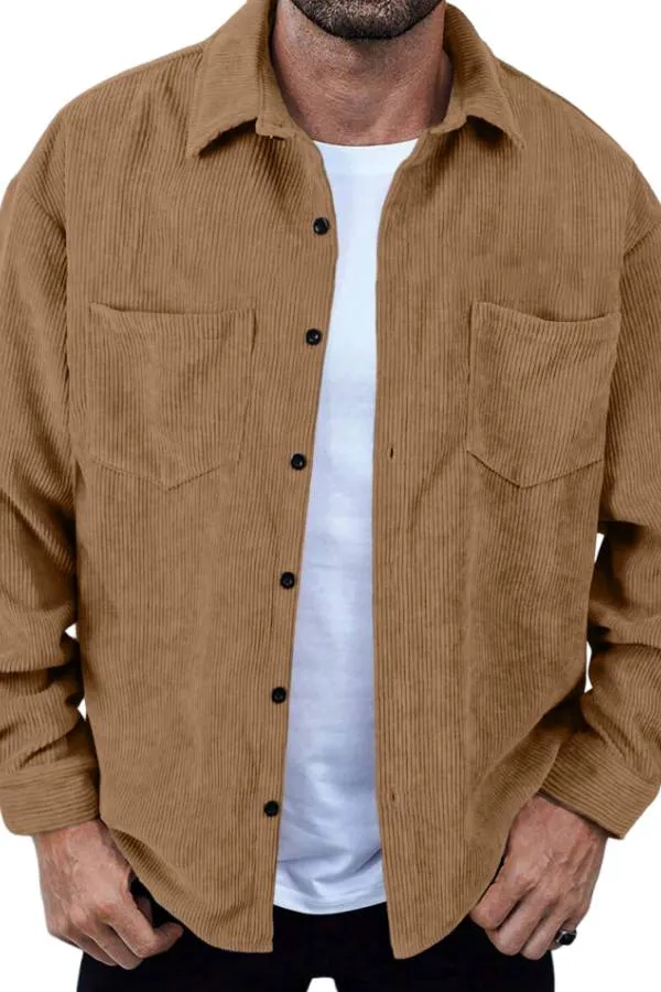 Men's Retro Simple Corduroy Double Pocket Long Sleeve Shirt