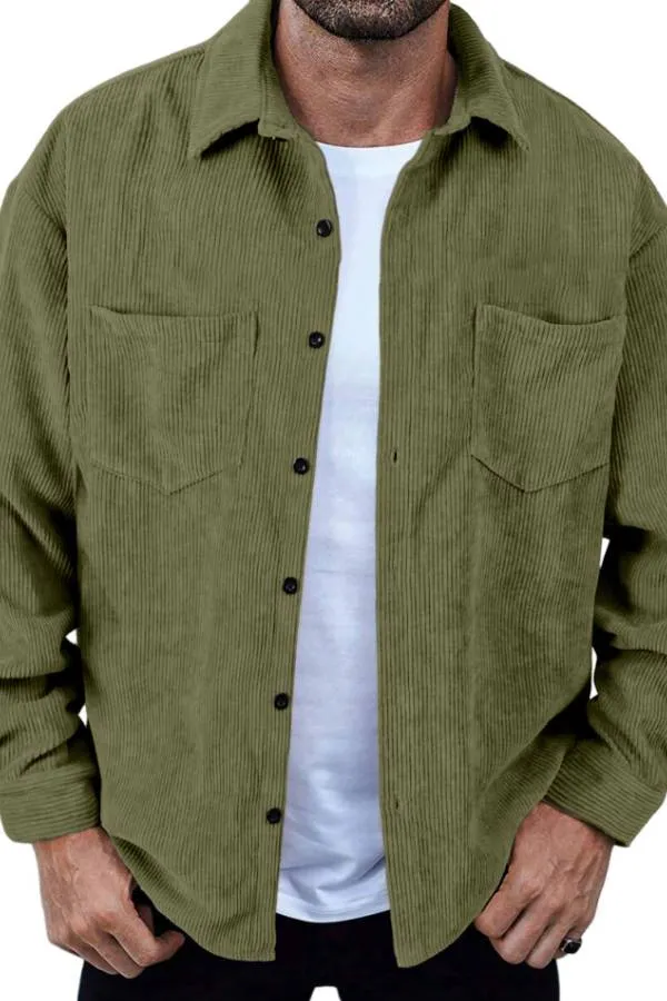 Men's Retro Simple Corduroy Double Pocket Long Sleeve Shirt