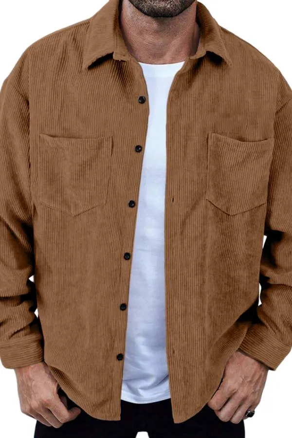 Men's Retro Simple Corduroy Double Pocket Long Sleeve Shirt
