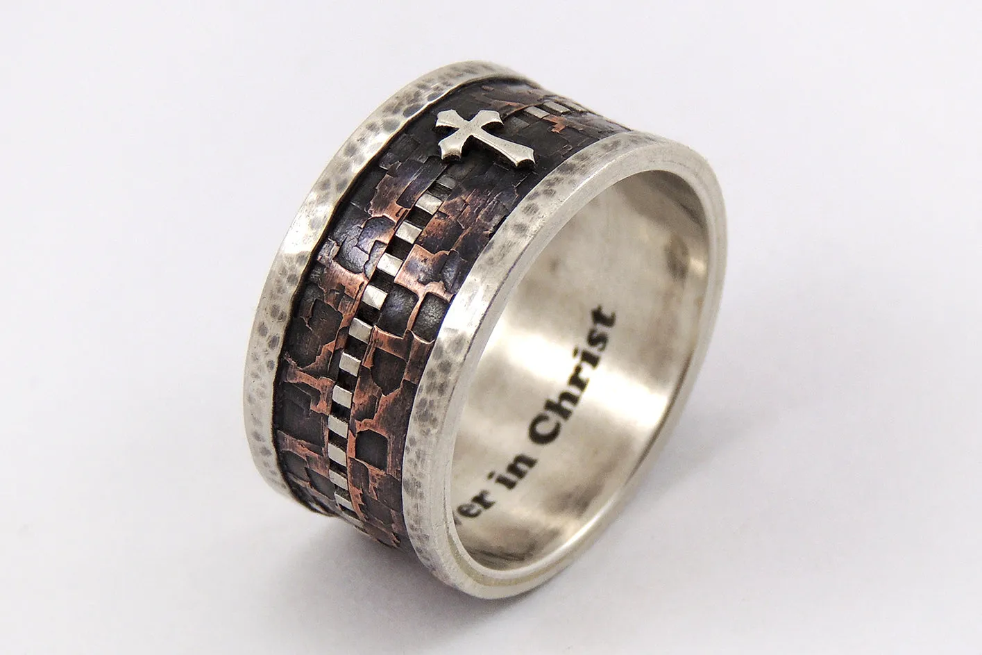 Mens Ring with Cross - Rustic Silver Copper