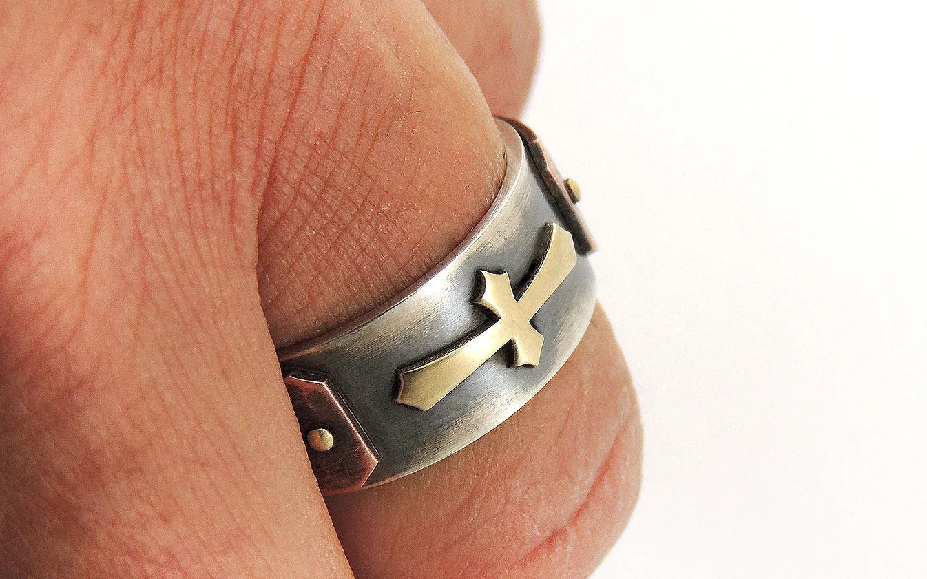 Mens Wedding Ring with Gold Cross