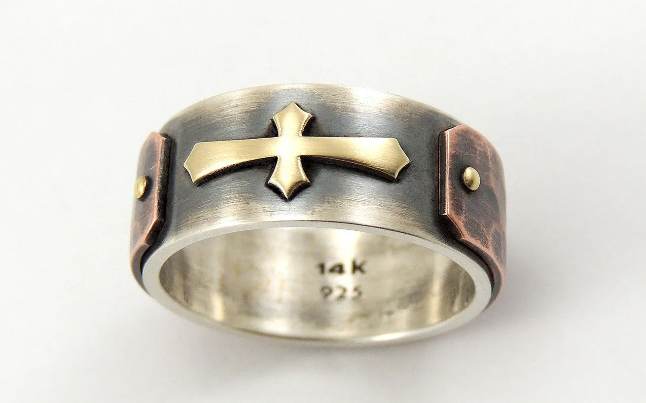 Mens Wedding Ring with Gold Cross