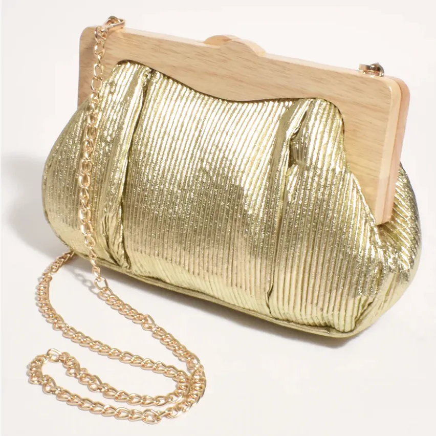 Mira Metallic Pleated Timber Frame Clutch - Gold - AD15