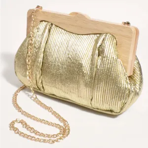 Mira Metallic Pleated Timber Frame Clutch - Gold - AD15