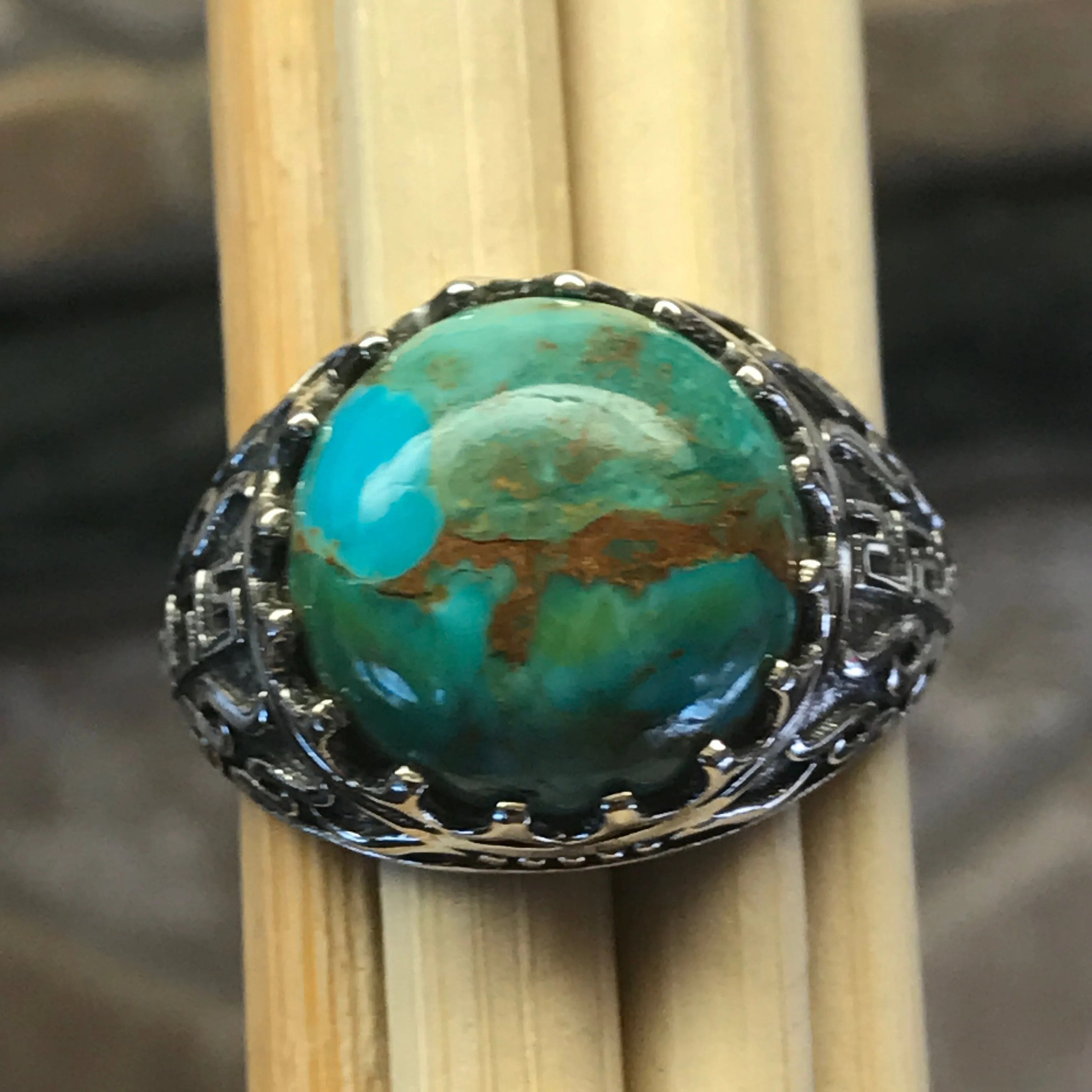 Natural Green and Blue Mohave Turquoise 925 Solid Sterling Silver Men's Ring Size 9, 10, 11, 12, 13