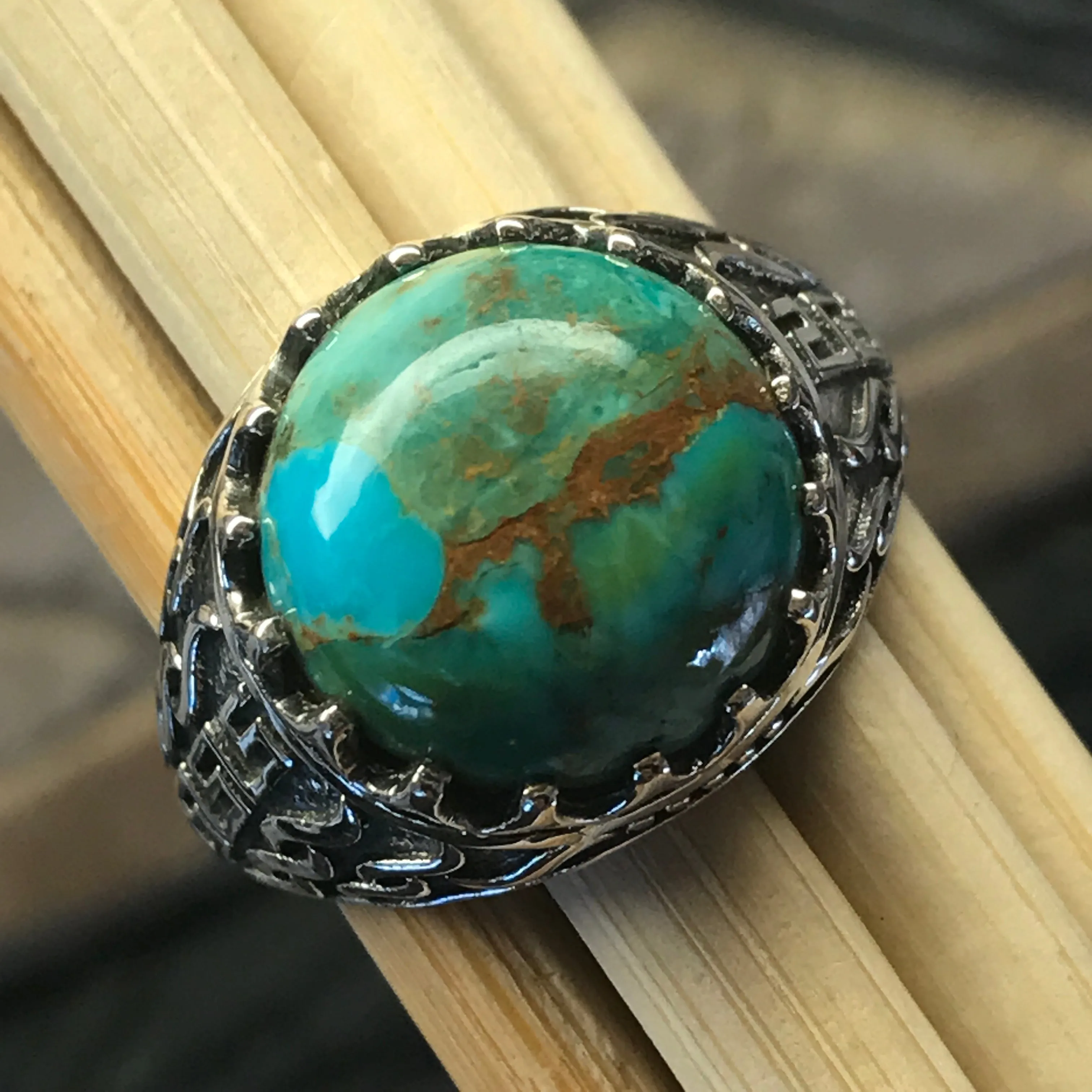 Natural Green and Blue Mohave Turquoise 925 Solid Sterling Silver Men's Ring Size 9, 10, 11, 12, 13