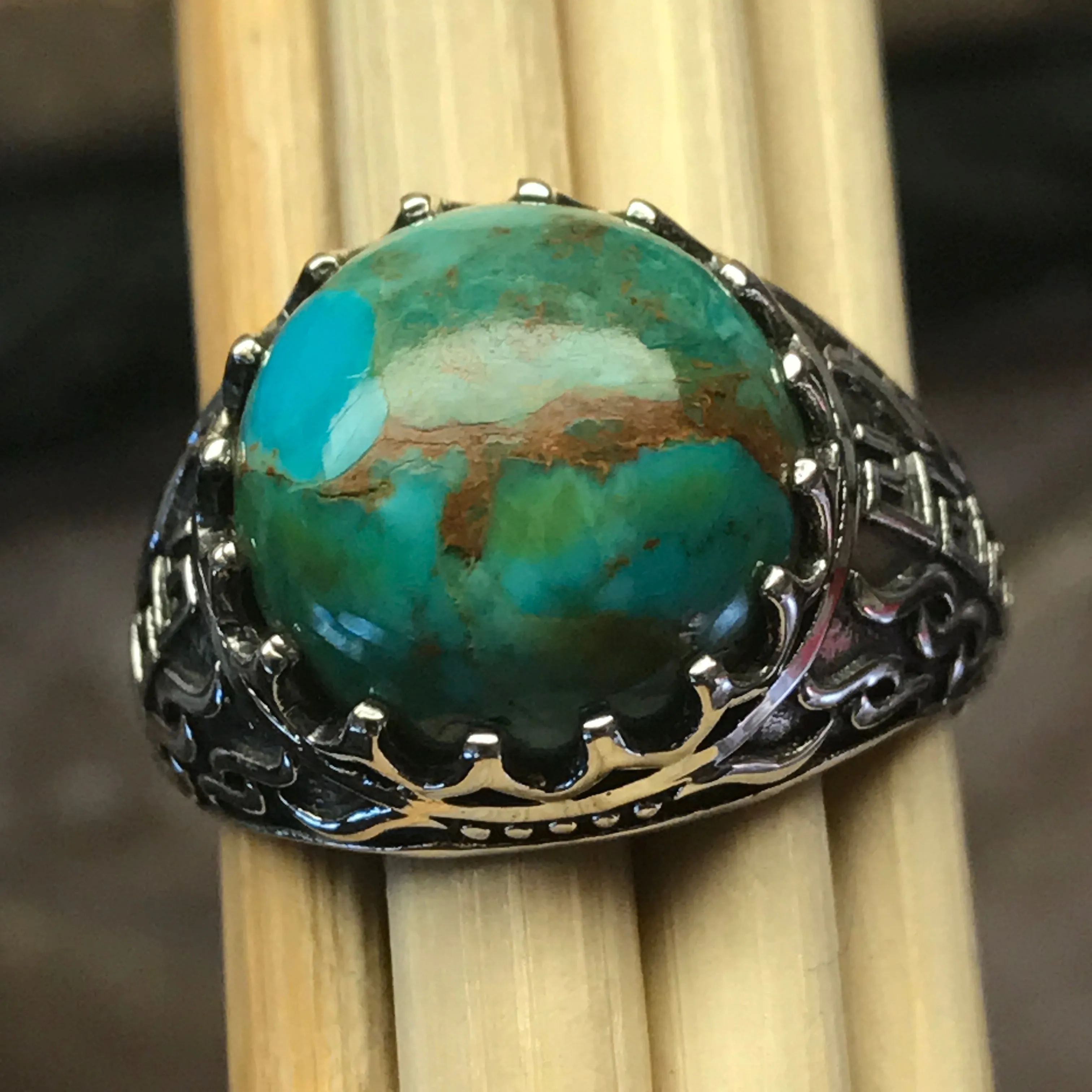 Natural Green and Blue Mohave Turquoise 925 Solid Sterling Silver Men's Ring Size 9, 10, 11, 12, 13