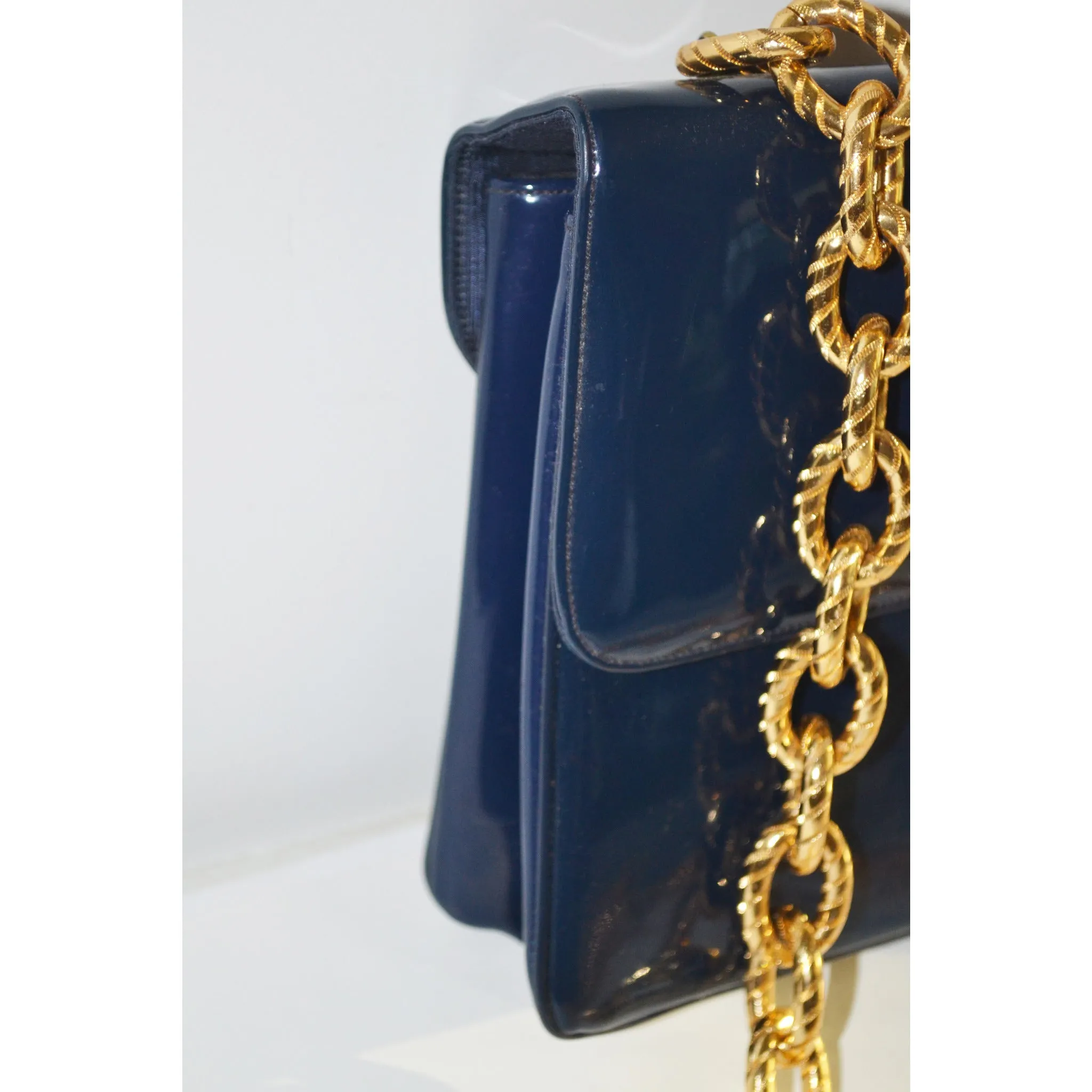Navy Patent Gold Chain Purse By Joseph