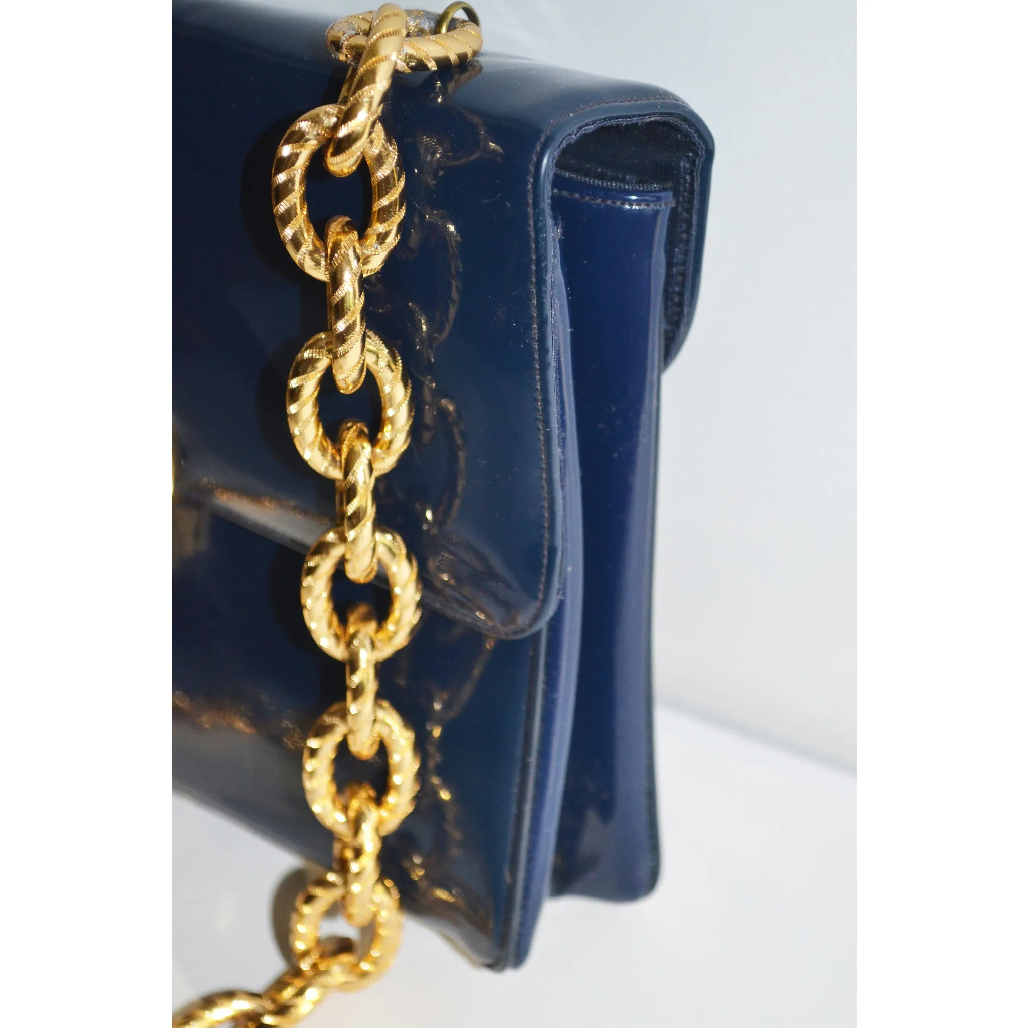 Navy Patent Gold Chain Purse By Joseph
