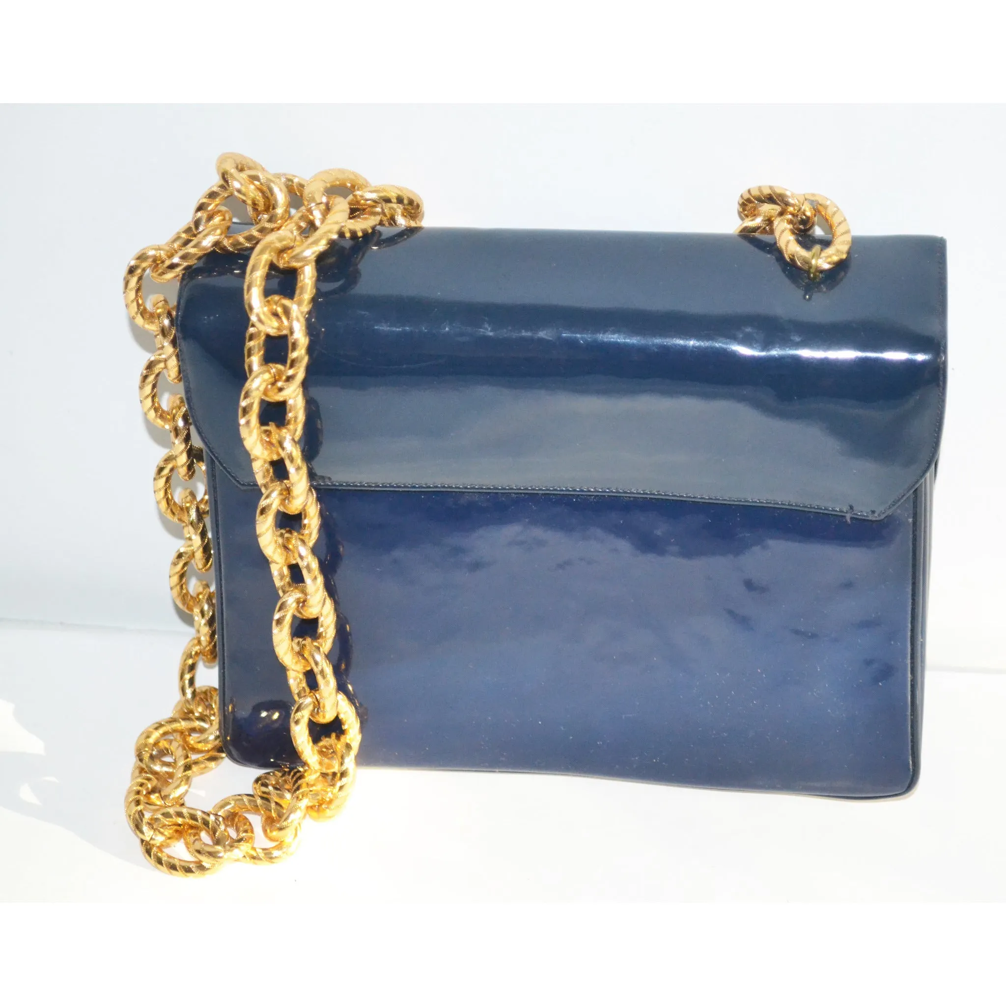 Navy Patent Gold Chain Purse By Joseph