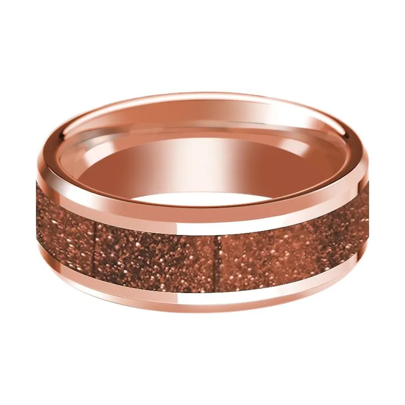 Orange Goldstone Inlaid 14k Rose Gold Wedding Band for Mens with Beveled Edges Polished Finish - 8MM