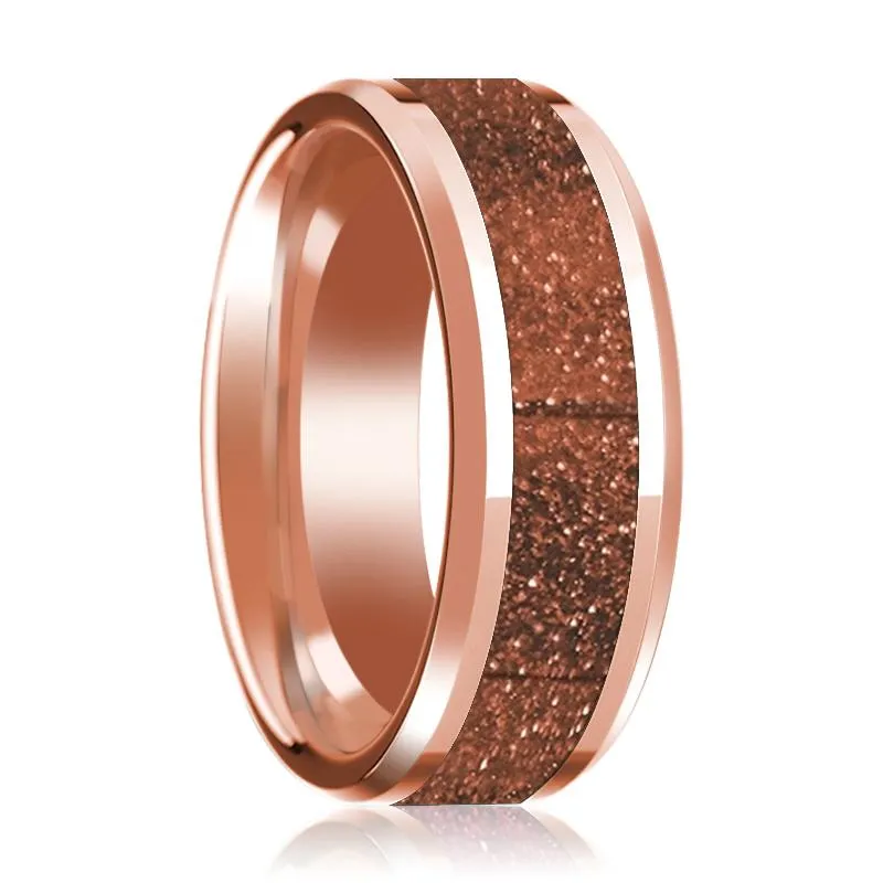 Orange Goldstone Inlaid 14k Rose Gold Wedding Band for Mens with Beveled Edges Polished Finish - 8MM