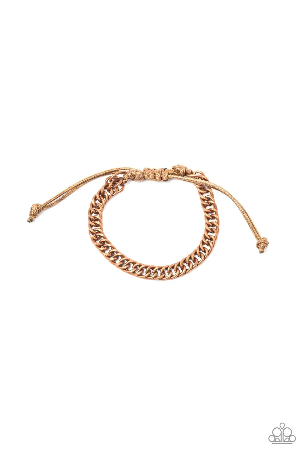 Paparazzi " AWOL " Men's Copper Metal Curb Link Brown Cord Slide Adjustable Bracelet