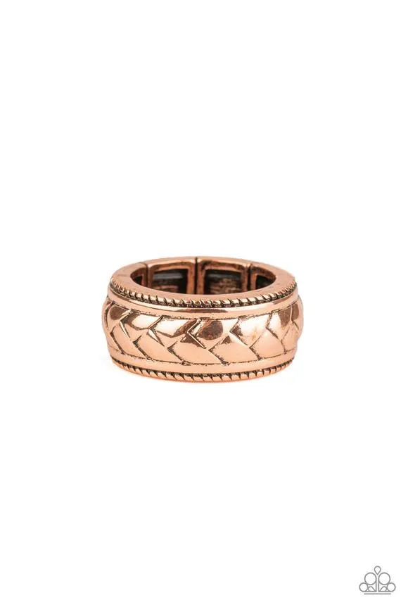 Paparazzi " Field Artillery " Men's Copper Metal Braided Design Band Elastic Ring