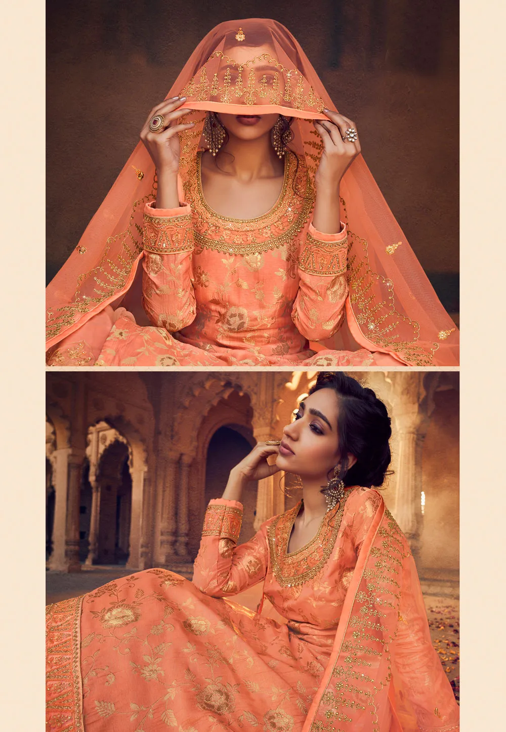Pastel Orange Embroidered Lehenga style suit