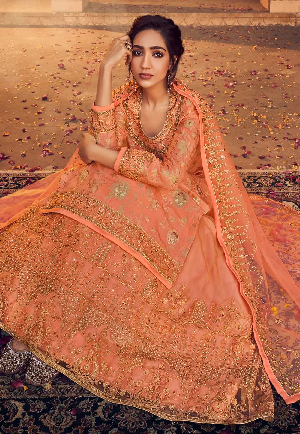 Pastel Orange Embroidered Lehenga style suit
