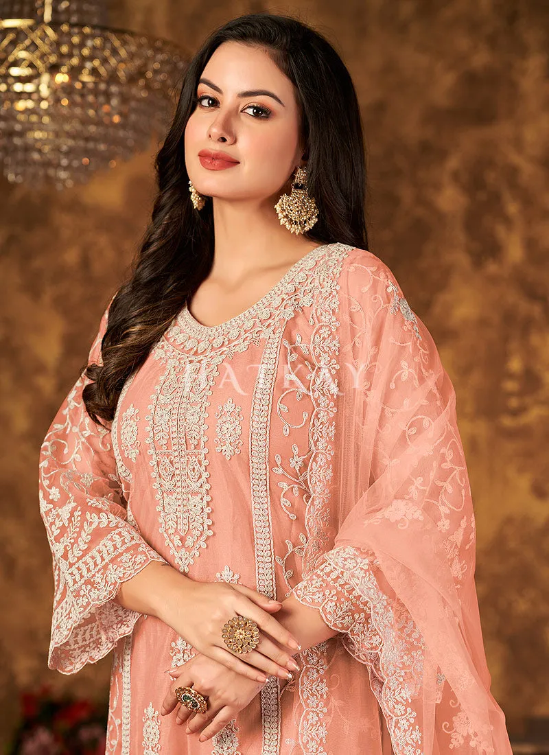 Pastel Orange Embroidered Pakistani Palazzo Suit
