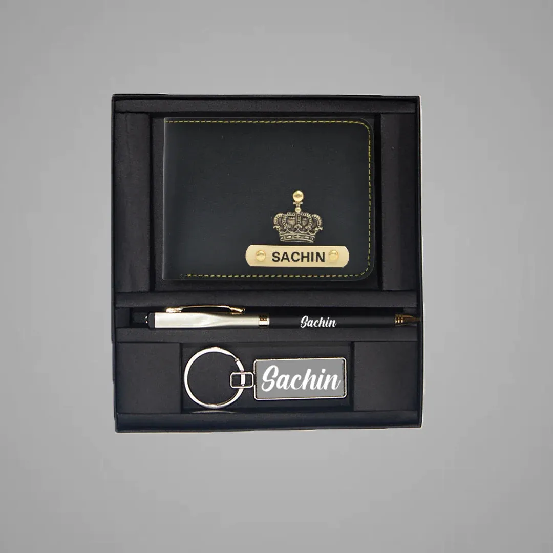 Personalised Leather Wallet   Pen & keychain Combo - Black