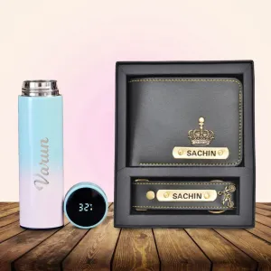 Personalised Pastel Temperature Display Bottle & All in One Men's Combo (2 pcs) - Black