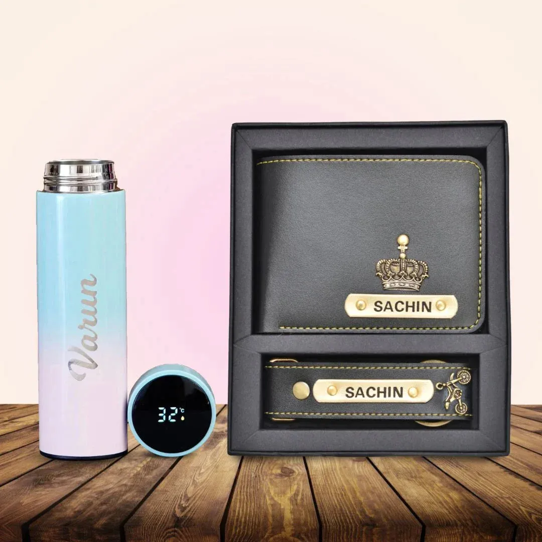 Personalised Pastel Temperature Display Bottle & All in One Men's Combo (2 pcs) - Black