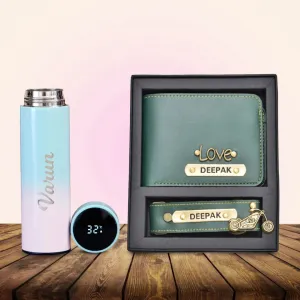 Personalised Pastel Temperature Display Bottle & All in One Men's Combo (2 pcs) - Olive Green