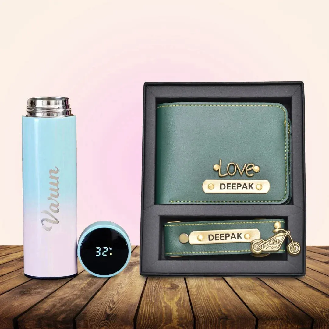 Personalised Pastel Temperature Display Bottle & All in One Men's Combo (2 pcs) - Olive Green