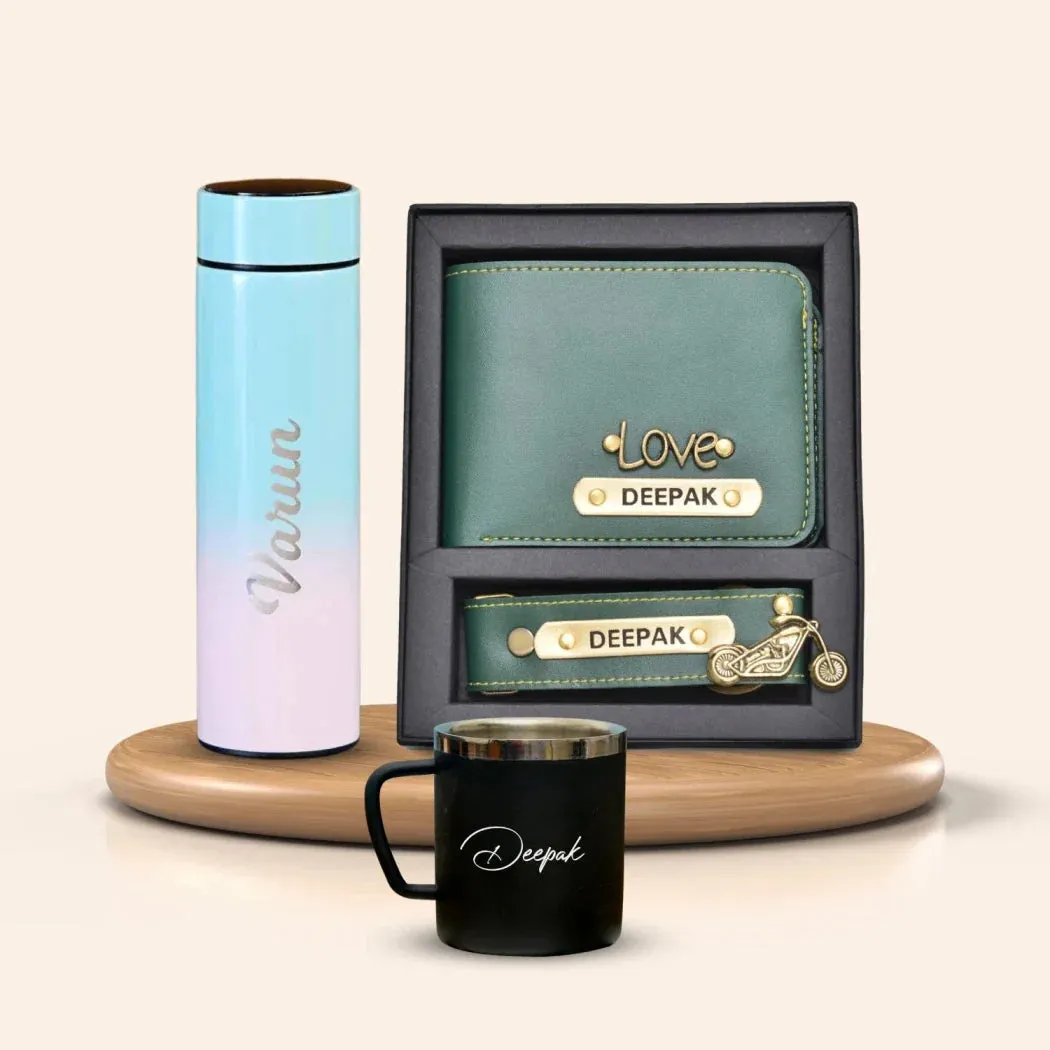 Personalised Pastel Temperature Display Bottle, Stainless Steel Mug & All in One Men's Combo (2 pcs) - Olive Green
