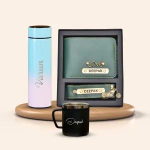 Personalised Pastel Temperature Display Bottle, Stainless Steel Mug & All in One Men's Combo (2 pcs) - Olive Green