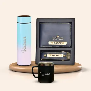 Personalised Pastel Temperature Display Bottle, Stainless Steel Mug & All in One Men's Combo (2 pcs) - Royal Blue